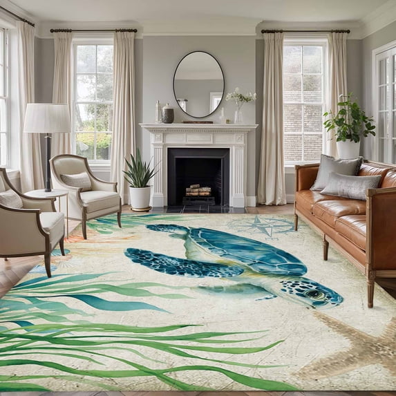 Vintage Ocean Washable Living Room Rugs 5'x8', Sea Turtle Starfish Seagrass Compass Nautical Low Pile Throw Large Area Rug Non-Slip Sturdy Edge Binding Carpet for Living Room Kitchen Office