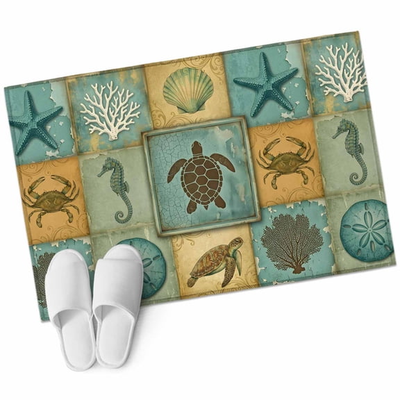 Vintage Ocean Washable Small Entryway Area Rugs 2'x3', Sea Turtle Crab Seahorse Starfish Distressed Plaid Low Pile Throw Rug Non-Slip Sturdy Edge Binding Carpet for Front Door Floor Room Entry