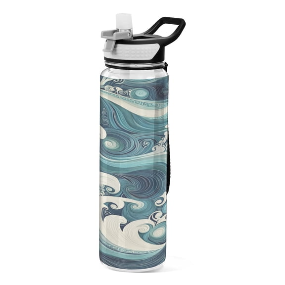 Vintage Ocean Waves Transparent Sports Water Bottle with Straw BPA Free Tritan 32oz
