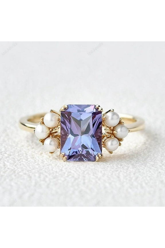 Vintage Octagon Alexandrite and Pearl Engagement Ring Yellow Gold Ring For Women June Birthstone Anniversary Promise Ring For Women