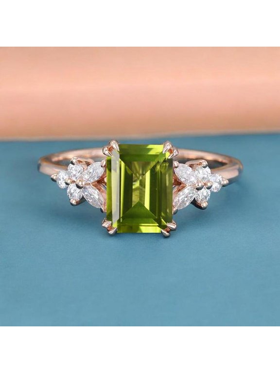 Vintage Octagon Cut Peridot Engagement Ring, Black Gold, Vines Ring, Women Bridal, Unique Twig Anniversary Promise Ring Gift