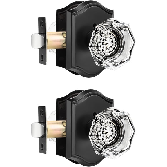Vintage Octagon Door Knobs 2 Pack,Crystal Glass Bed/Bath Door Locks,Interior Privacy Door Knobsets Handles,Matte Black Arched Rosette