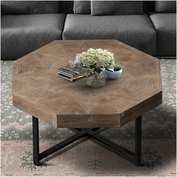 Vintage Octagonal Coffee Table with Patchwork Top and Cross Metal Legs, 30 Inch Farmhouse MDF Table for Living Room in Antique Brown