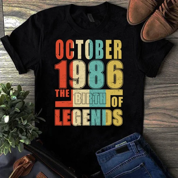Vintage October 1986 Birth Of Legends Classic 38th Birthday Unisex T-Shirt, up to 5XL