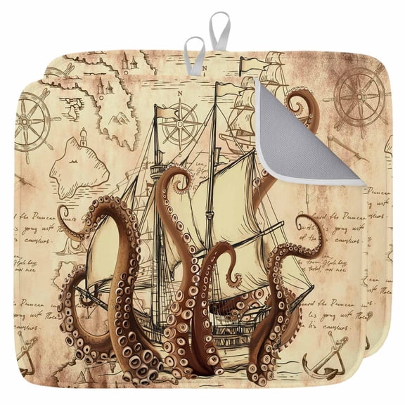 Vintage Octopus Dish Drying Mat for Kitchen Counter, Beige Nautical Coastal Retro Dish Mat Drying Kitchen Mat for Sink Fridge Drawer Absorbent Dishes Drainer Mats Microfiber Drying Pad 2pcs 18"x24"