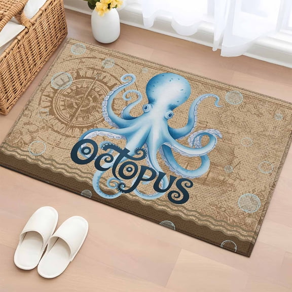 Vintage Octopus Entryway Rug 2'x3' Non Slip Front Door Mats, Brown Nautical Anchor Bubbles Coastal Entrance Rugs Indoor Outdoor Carpet, Washable Floor Mats Small Area Rug for Bedroom Kitchen