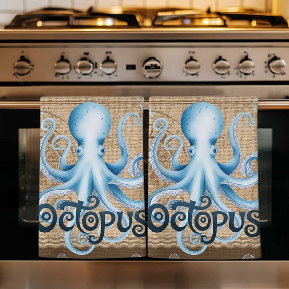 Vintage Octopus Kitchen Towels Set of 1, Brown Nautical Anchor Bubbles Coastal Absorbent Dish Towels for Kitchen, Microfiber Hand Towel, Quick Drying Tea Towel for Cleaning Decorative Dishcloths