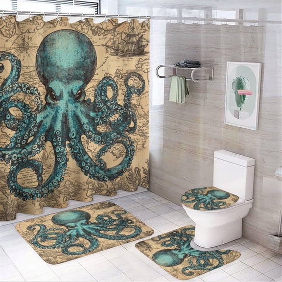 Vintage Octopus with Map 4 Pcs Shower Curtain Sets Shower Curtain And Rugs Shower Curtain Set Vintage Nautical Map Durable And Waterproof for Bathroom Decor Sets