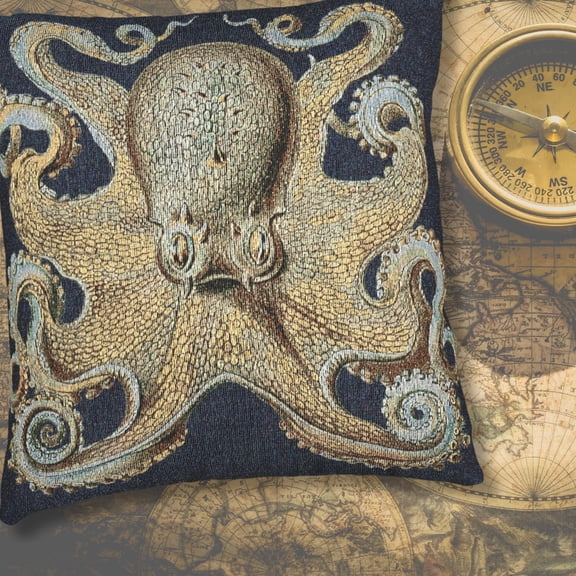 Vintage Octopus Navy, Tan and Light Blue Double-Sided Woven Pillow, 17 x 18 in