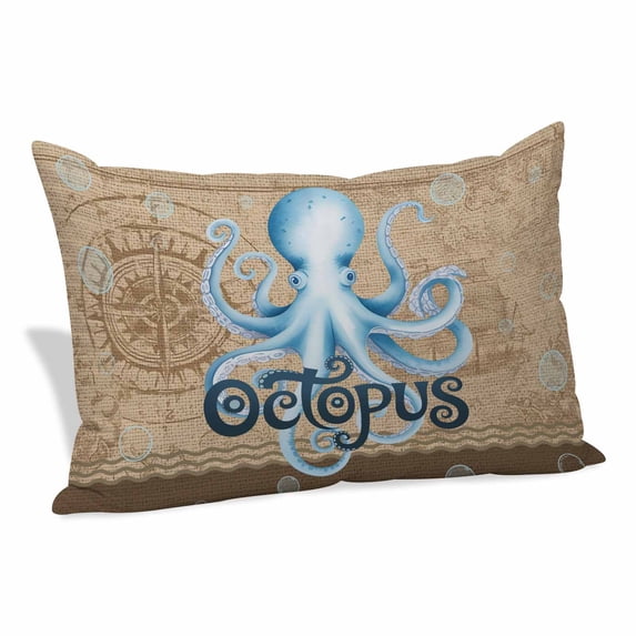 Vintage Octopus Pillow Covers, Linen Long Throw Pillow Case, Brown Nautical Anchor Bubbles Coastal Holiday Pillow Protector Decorative Cushion Cover for Living Room/Bedroom 16" x 24"
