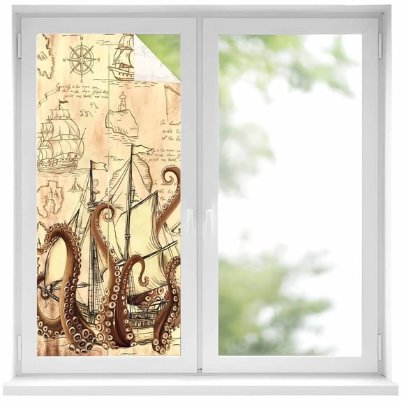 Vintage Octopus Privacy Window Film, Decorative Frosted Glass Window Film, Beige Nautical Coastal Retro Reusable Peel and Stick Static Cling for Home Bathroom Office Glass Door 17.7"x39.3"