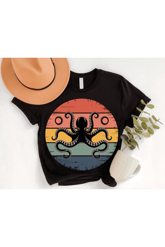 Vintage Octopus Sunset T-Shirt: Retro Nautical Surfer Tee TSHIRT All Size S-5XL