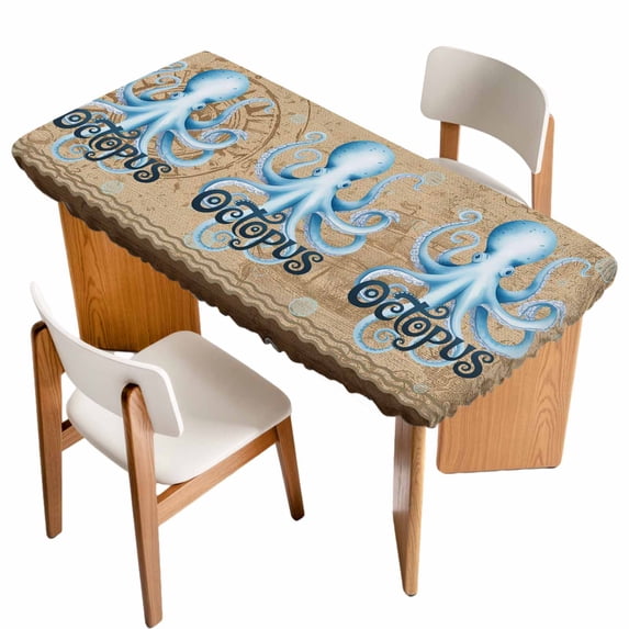 Vintage Octopus Table Cloths for 6 Foot Rectangle Tables, Brown Nautical Anchor Bubbles Coastal Patio Waterproof Elastic Fitted Tablecloths, Washable Rectangular Table Cover for Camping