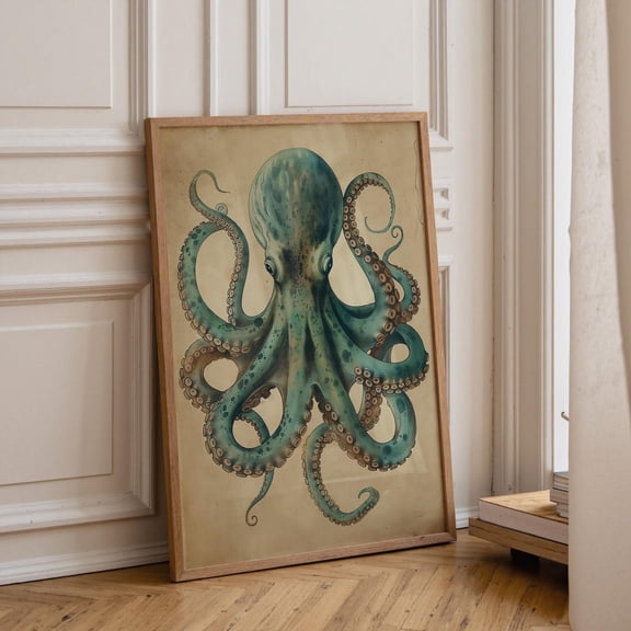 Vintage Octopus Wall Art Nautical Coastal Décor Teal Antique Kraken Illustration Maritime Study Artwork Ocean Lover, Unframed Canvas