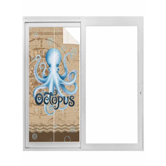 Vintage Octopus Window Privacy Film, Brown Nautical Anchor Bubbles Coastal Static Cling UV Sun Blocking Tint Film Heat Control Windows Films for Bedroom Bathroom, Window Stickers 17.7"x39.3"