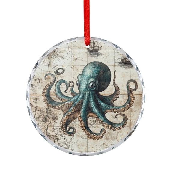 Vintage Octopus with Map Glass Ornament Unique Gift Idea Ocean Sea Octopus Decorative Christmas Decorative Hanging Ornaments