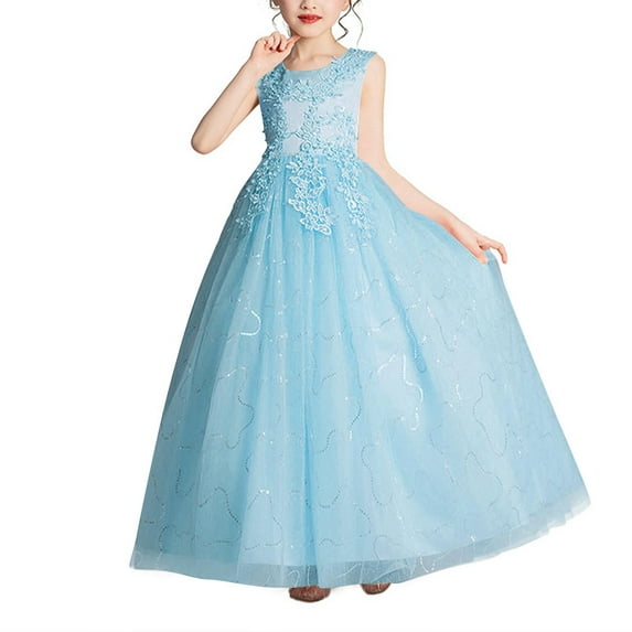 Vintage Off The Shoulder Flower Girl Dress Lace Embroidery Little/Big Girls Wedding Bridesmaid Holiday Ballgown Light Blue 7-8 Years
