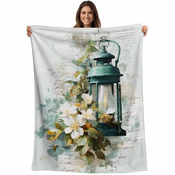Vintage Oil Light Blanket Soft Cozy Warm Throw Blanket for Couch, Plush Fuzzy Flannel Fleece Blankets for Sofa, Spring Flowers Leaves Candles Country Bed Blankets Lightweight Gifts for Women, 50"x80"