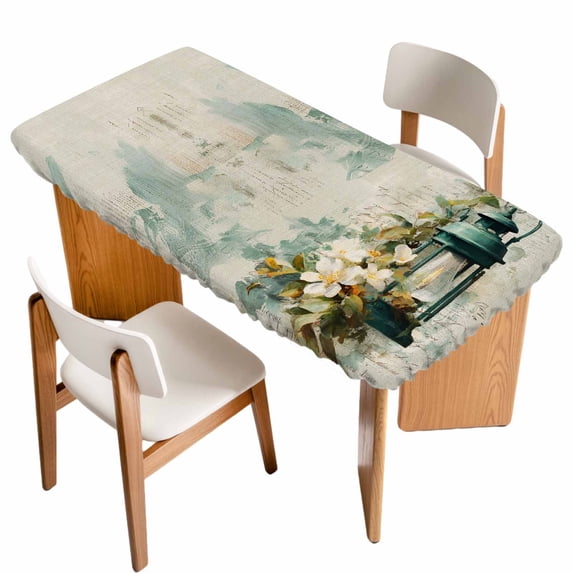 Vintage Oil Light Table Cloths for 6 Foot Rectangle Tables, Spring Flowers Leaves Candles Retro Patio Waterproof Elastic Fitted Tablecloths, Washable Rectangular Table Cover for Camping
