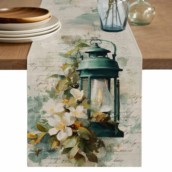 Vintage Oil Light Table Runner 120 Inches, Spring Flowers Leaves Candles Retro Bed Runner Dresser Scarves Tabletop for Indoor Outdoor Parties/Ceremony/Banquet, 13"x 120"