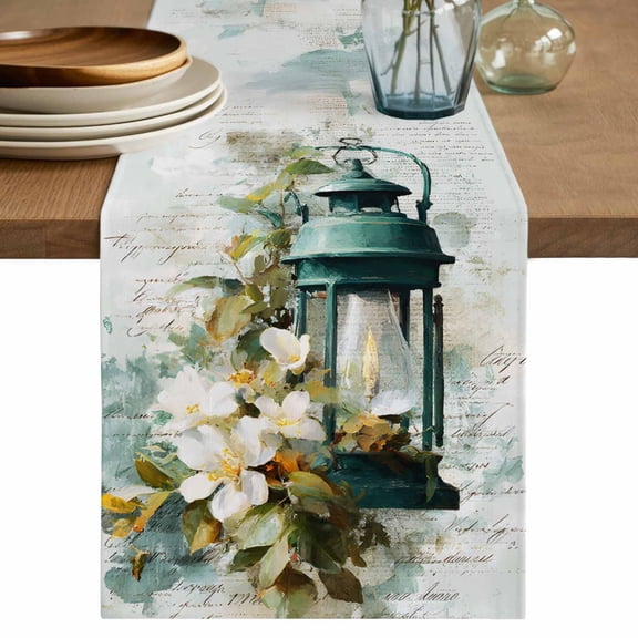 Vintage Oil Light Table Runner 36 Inches, Spring Flowers Leaves Candles Country Bed Runner Dresser Scarves Tabletop for Indoor Outdoor Parties/Ceremony/Banquet, 13"x 36"