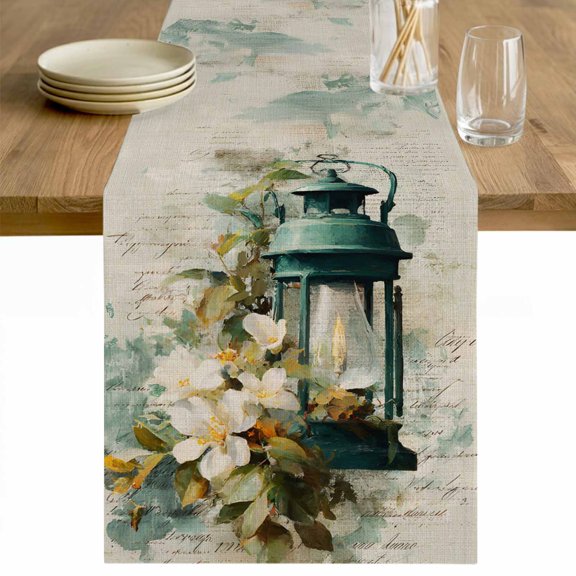 Vintage Oil Light Table Runner - 48 Inch Long Spring Flowers Leaves Candles Retro Cotton and Linen Blended Dress Scarves Farmhouse Table Runner for Kitchen Dining, Coffee Table, 13" x 48"