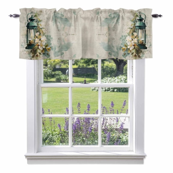 Vintage Oil Lights Valance Curtain for Windows White Flowers Linen Texture Watercolors Rod Pocket Curtain Valances Short Window Treatments Panels for Kitchen Bathroom Laundry Basement 42 x 12 Inch