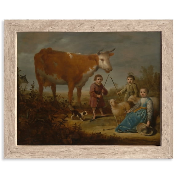 Vintage Oil Painting Canvas Prints Famous Painter Classic Landscape Poster Decor Paintings Wall Art Prints Retro Gallery Wall Decor(Children and a Cow 8x10 Inches Framed)