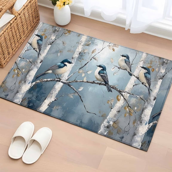 Vintage Oil Painting Forest Bathroom Rug Washable 2x3 Entryway Rug Non Slip Vintage Birds Branches Trees Front Door Mat Low Pile Indoor Doormat Throw Floor Carpet for Kitchen Bedroom Entrance