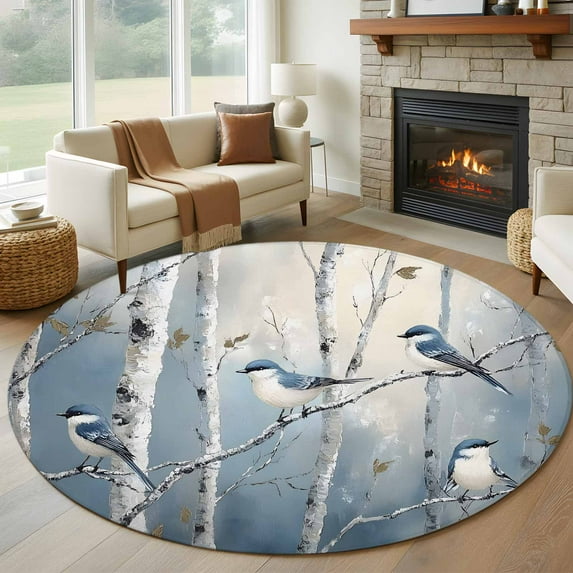 Vintage Oil Painting Forest Round Area Rug 7 FT, Non Slip Living Room Area Carpet, Vintage Birds Branches Washable Soft Circular Rug Non-Shedding Floor Carpet for Bedside Office Play Room Classroom