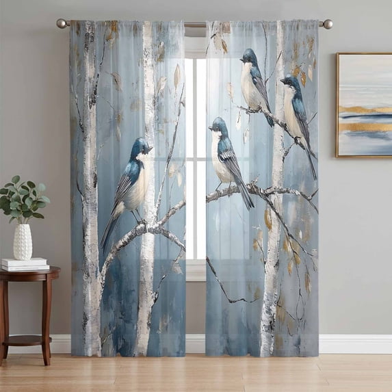 Vintage Oil Painting Forest Sheer Curtains 84 Inch Length 2 Panels Set, Vintage Birds Branches Trees Voile Window Treatment Rod Pocket Curtains Sheers Drapes for Bedroom/Living Room/Kitchen 52"x84"x2