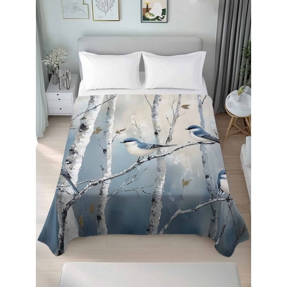 Vintage Oil Painting Forest Twim Size Flat Sheet, Wrinkleproof & Fadeproof Cooling Flat Bed Sheet Only, Vintage Birds Branches Breathable Soft Bedding Top Sheets 66 x 96 Inches