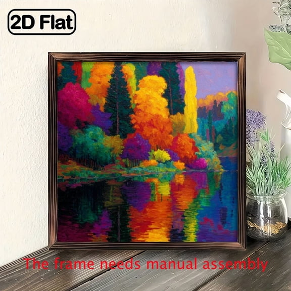 Vintage Oil Painting Style Wooden Framed Wall Art Colorful Forest River Landscape with Trees, Rustic Bohemian Contemporary Canvas style.wooden board painting