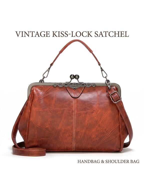 Vintage Oil Wax Patchwork Leather Kiss Lock Frame Satchel Handbag for Women, Large Capacity Top Handle Purse with Detachable Adjustable Crossbody Strap, Retro Filigree Metal Frame Shoulder Bag Fits