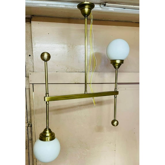 Vintage Old Antique Brass Bauhaus Ceiling Hanging Chandelier Light Lamp With Milky Glass Shades