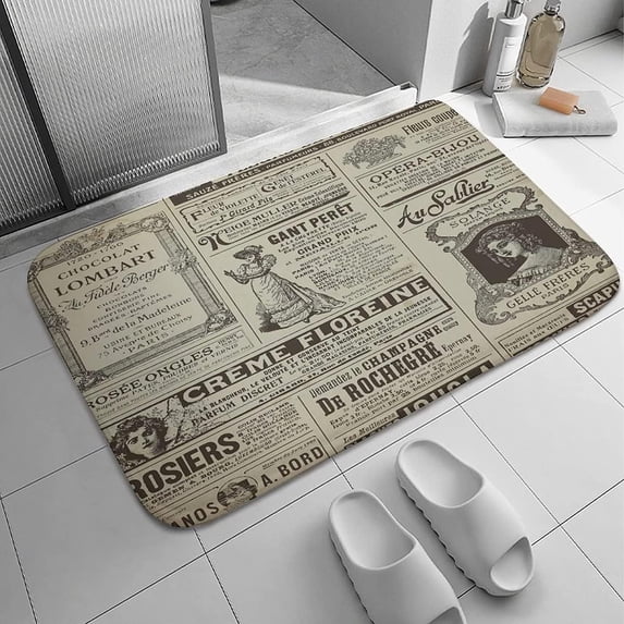 Vintage Old Historic Newspaper Journal French Paper Lettering Bath Rugs Absorbent Non-Slip Door Mats Soft Carpet Washable Doormat for Kitchen Bathroom Entry Way Decor Accessories 18x30 Inch