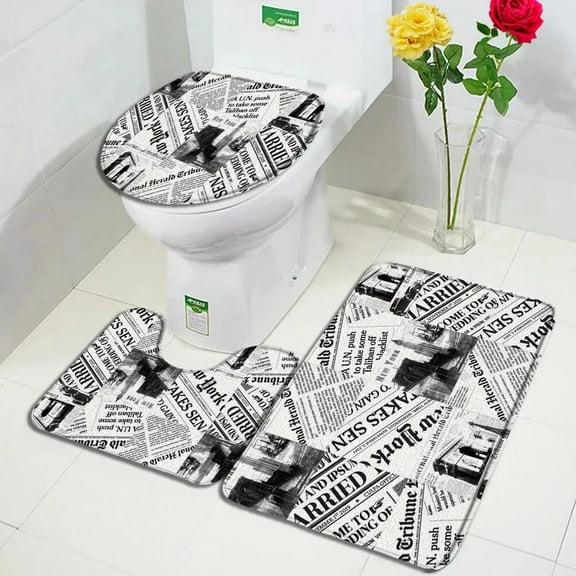 Vintage Old Newspaper Bath Mats Set Bathroom Rules French Paris Tower Skull Retro Door Rug Home Decor Anti-Slip Toilet Cover Mat