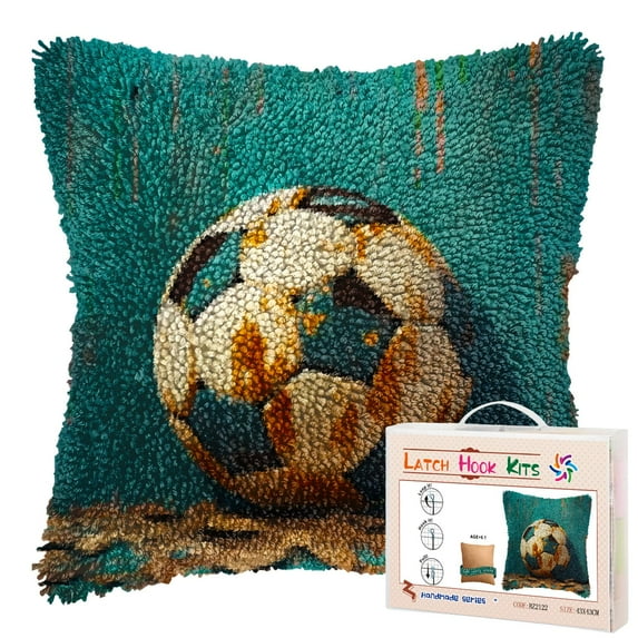 Vintage Old Soccer DIY Latch Hook Pillow Kits for Adults Printed Pillowcase Crochet Yarns Hooking Handmade Pillow Cover Cushion for Home Sofa Decoration 17x17inch