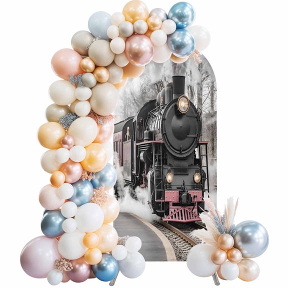 Vintage Old Train Arch Backdrop Cover 4 FT Black Steam Transportation Station Photos Stretchy Elastic Arch Stand Covers Spandex Arched Background Birthday Wedding Party Decoration (No Stand)