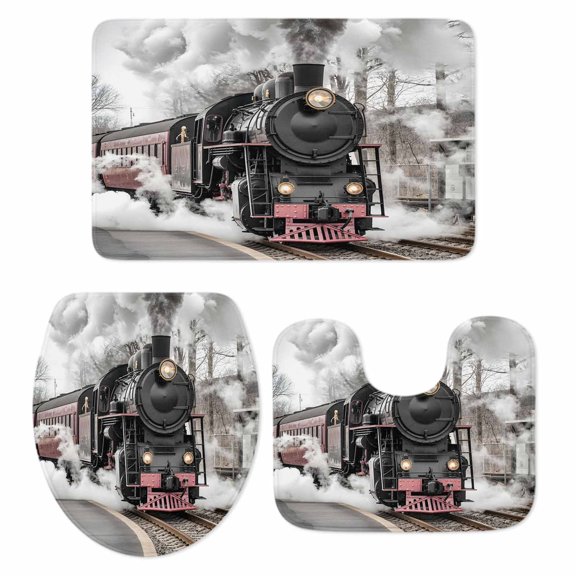 Vintage Old Train Bathroom Rugs Set Black Steam Transportation Station Photos Non Slip Absorbent Soft Bath Mats 3 Piece Set with Bathroom Rug, U-Shaped Floor Mat, Toilet Seat Cover Large Size