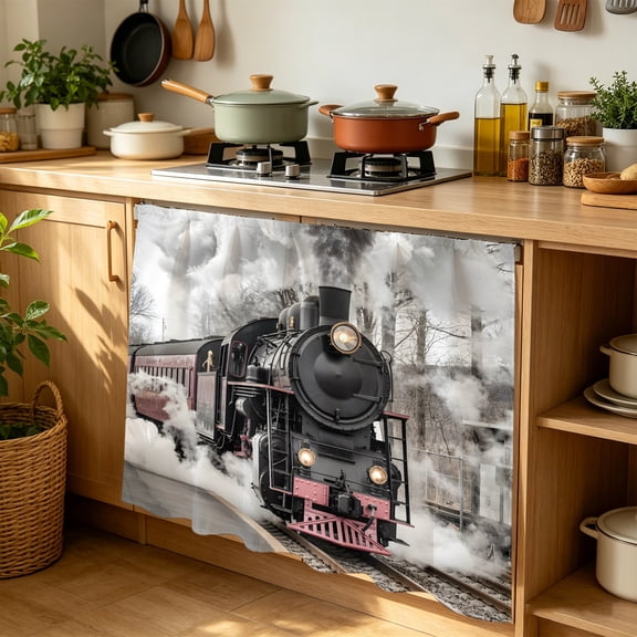 Vintage Old Train Cabinet Curtains 35" W x 35" L Black Steam Transportation Station Photos Waterproof Adhesive Kitchen Under Sink Curtain Dust-Proof Dishwasher Skirt for Closet