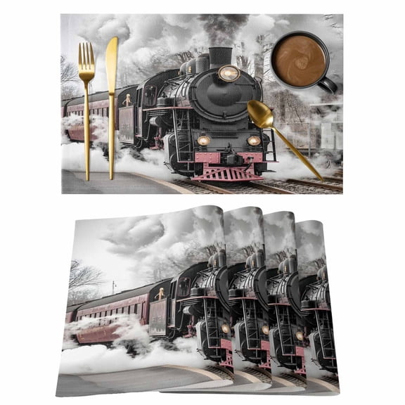 Vintage Old Train Cotton Linen Placemats Set of 1, Black Steam Transportation Station Photos Washable Table Place Mats Heat Insulating Placemat for Dining Room Kitchen Daily Use 13 x 19 Inch