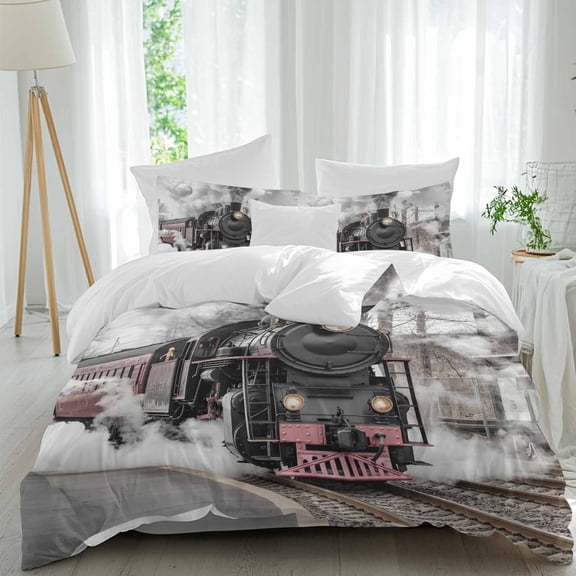 Vintage Old Train Queen Size Comforter Set, Black Steam Transportation Station Photos Bedding for All Seasons, 4 Pcs Bed Set, 1Quiltcover (90"x92") ,1Sheet(94"x116"), 2Pillowcases (30"x20")