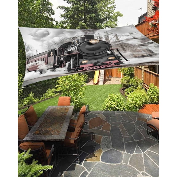 Vintage Old Train Sun Shade Sail 14'X18' Black Steam Transportation Station Photos UV Block Outdoor Sail Shades Breathable Waterproof Rectangular Sunshade for Patio Garden Pool Pergola Porch