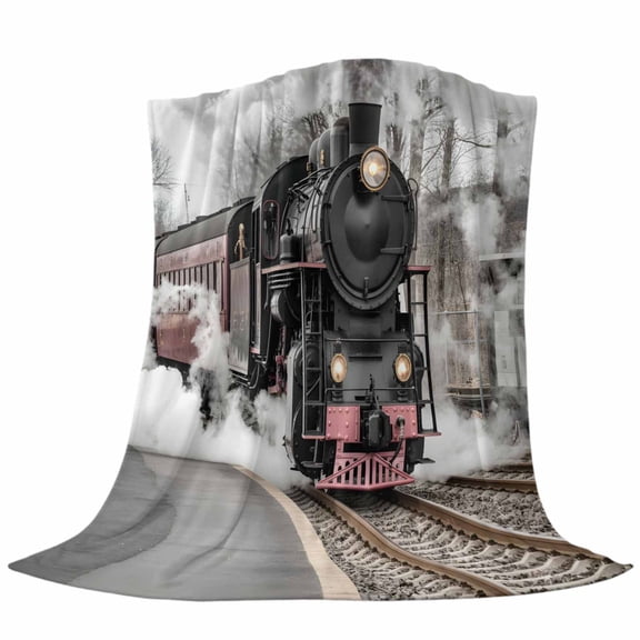 Vintage Old Train Throw Flannel Blanket Black Steam Transportation Station Photos Super Soft Cozy Bed Blanket, Lightweight Plush Fuzzy Bed Throw for Bedroom Sofa Couch Living Room 50x80In,