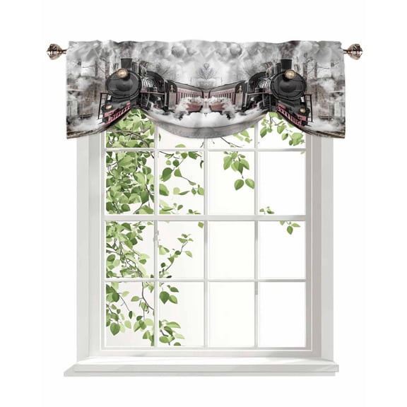 Vintage Old Train Tie Up Valances Curtain, Black Steam Transportation Station Photos Kitchen Valances for Windows Decor, Rod Pocket Short Curtains Set for Bedroom/Bathroom, 60"x18"