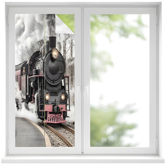 Vintage Old Train Window Privacy Film 19.6x39.3in Black Steam Transportation Station Photos Decorative Window Film with Static Cling, UV Filtering Window Cling Privacy Film for Glass Doors