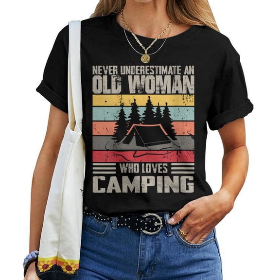 Vintage Old Woman Who Loves Camping Graphic Cotton T-Shirt Women Adult Soft Breathable Tee Casual Wear Comfortable Everyday Outfit, Size 5XL, Color Black
