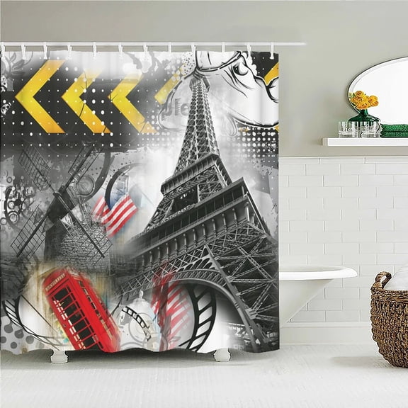 Vintage Old landscape Fabric Shower Curtain Bathroom Curtains Paris Tower Red Phbooth Tower Bridge Waterproof Bath Screen