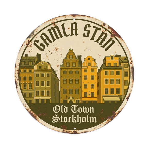 Vintage Oldtown Medieval Study Quarter Vintage Metal Tin Sign Plaque Wall Decor for Cafe, Club, Garden Round Metal Poster 8x8Inch